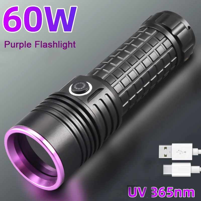 Powerful 365NM UV Flashlight Black Mirror Purple light 60W Fluorescent Oil Pollution Detection Torch Type-c Rechargeable Lantern