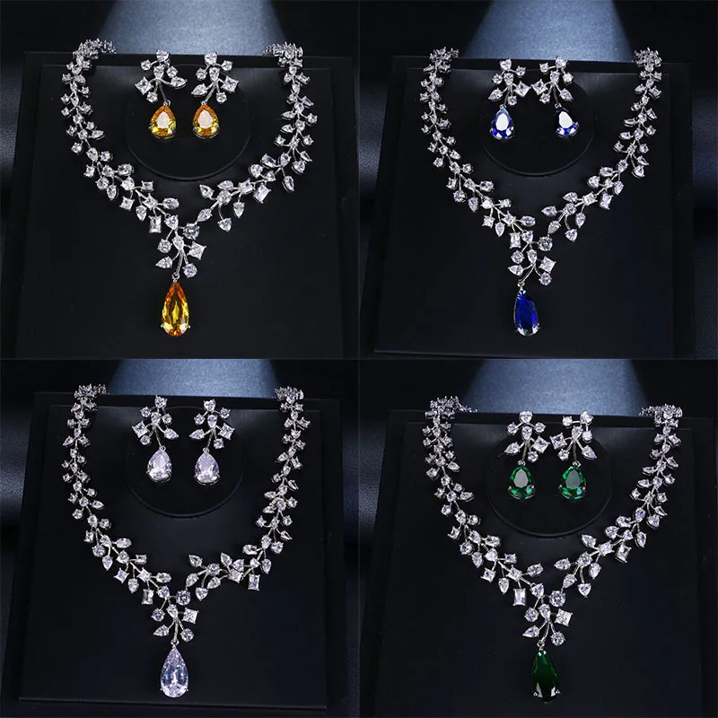 

GMGYQ Charming Cubic Zirconia Water Drop Earring Necklace Jewelry 4 Colors Sets for Bride Party Wedding Wearing