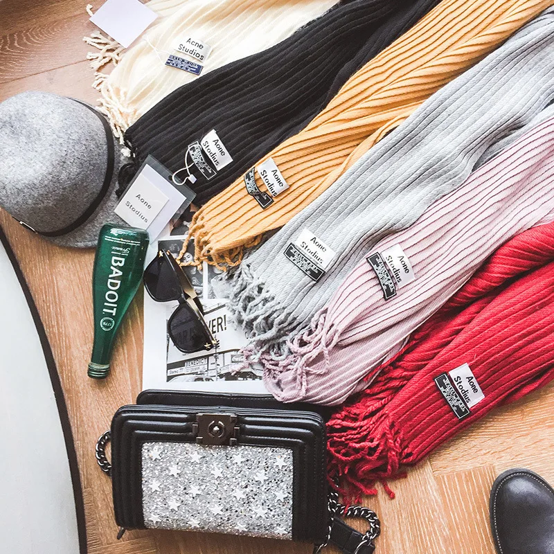 

AC плиссированный однотонный кашемировый шарф. Новая мягкая теплая шаль большого размера для женщин. Женский роскошный шарф