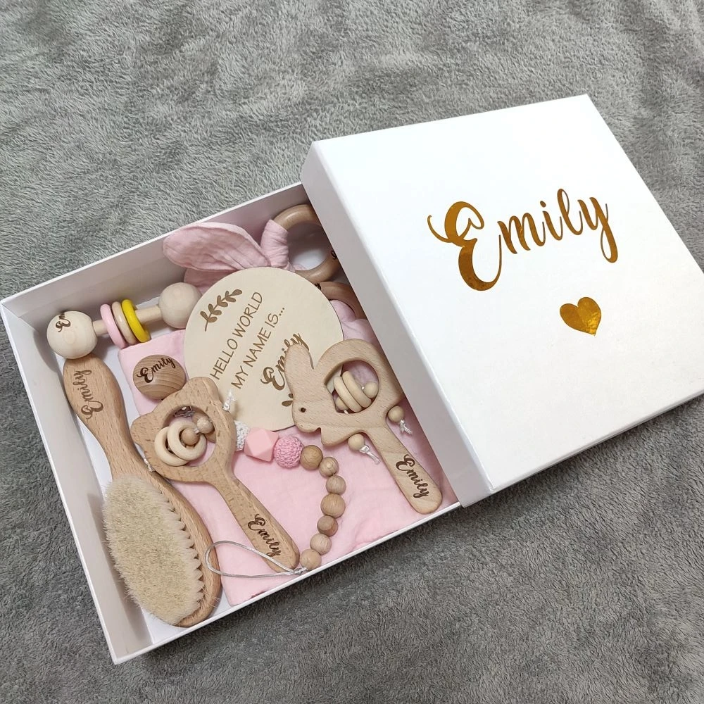 Personalized Wood Hair Brush Baby Girl Gift Box, Wood Teether Rattele Set, Baby Comforter Baby Keepsake Pregnancy Announcement