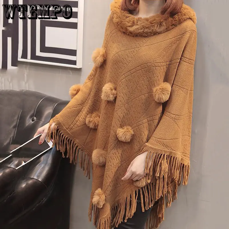 

Вязаная Шаль в виде накидки, женское меховое воротник, толстое и теплое пончо, Свободный пуловер в стиле ретро с кисточками на осень и зиму, оптовая продажа