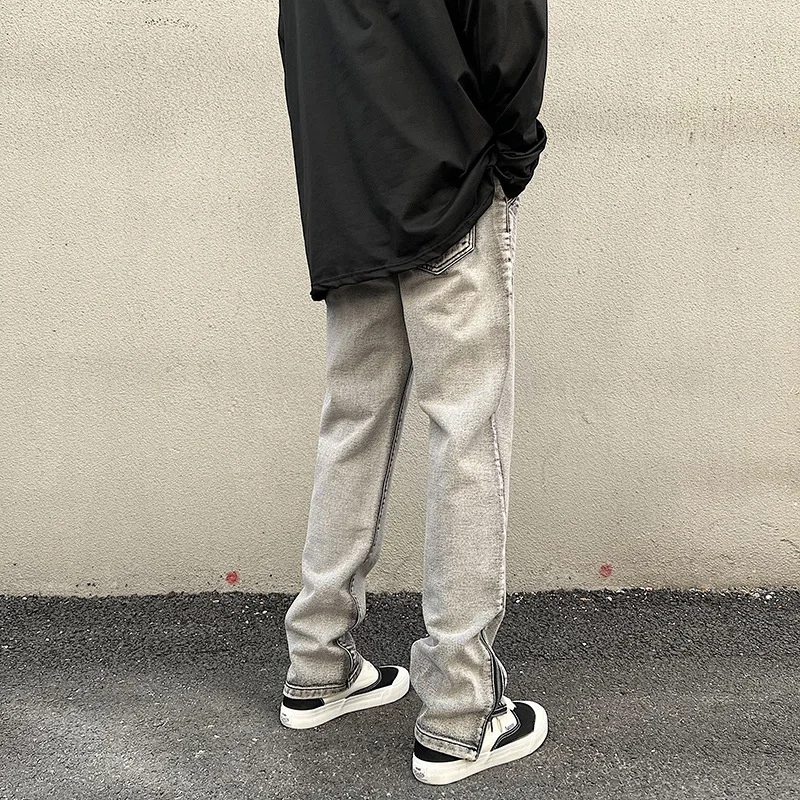 Four Seasons Men's Casual Jeans Fashion Straight Split Wide Leg Pants Street Loose Mopping Denim Trousers Summer Men's Clothing