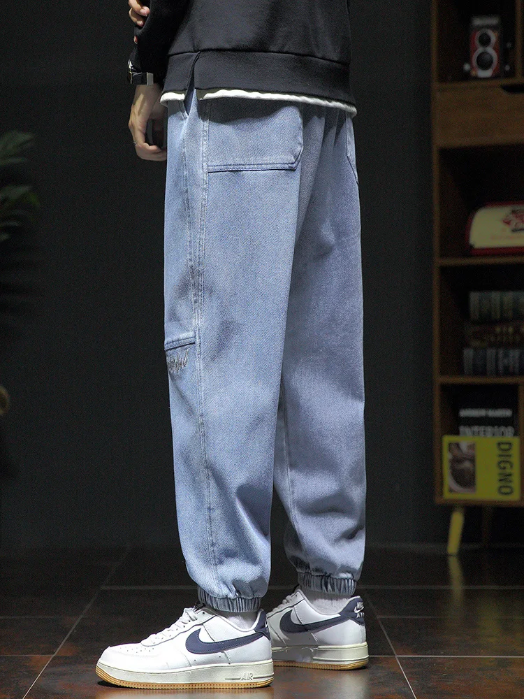 2023 New Fashion Streetwear Baggy Drawstring Jean Trousers Loose Patchwork Denim Jogger Pants Mens Big Size 5XL