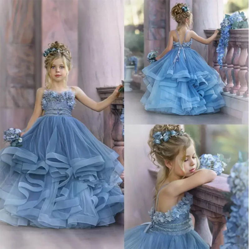 

Cute Flower Girl Dresses for Wedding Party Lace Floral Appliques Floor-Length Tiered Ruffles Robe Princesse Fille Vestidos 2023
