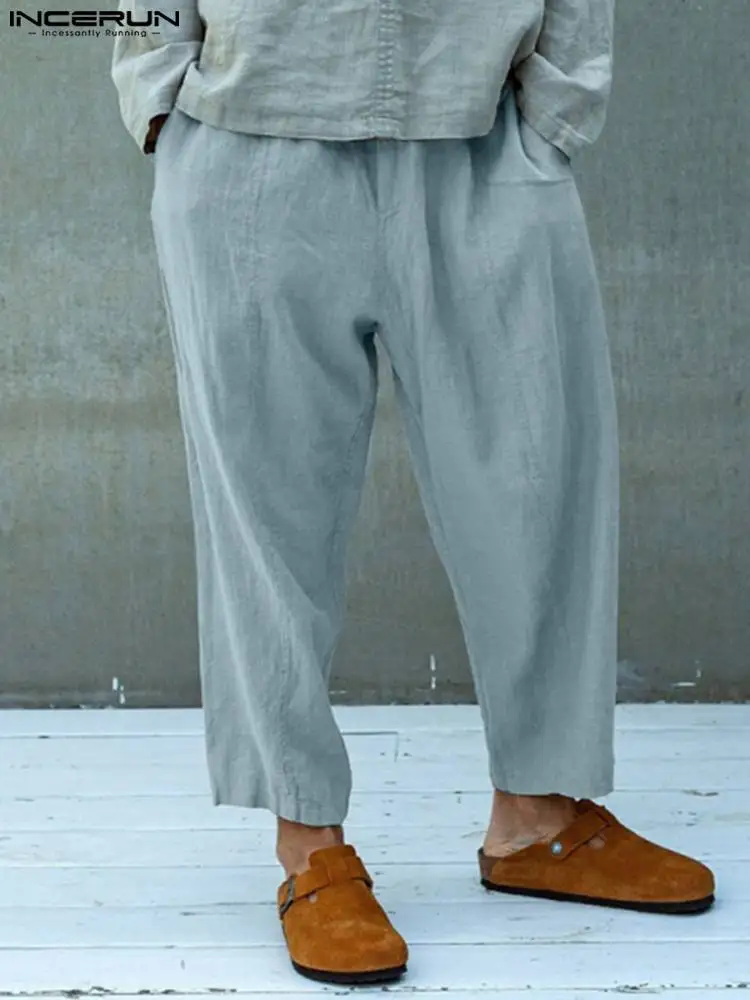 

INCERUN Men Pants Solid Color Elastic Waist Loose Vintage Cotton Casual Trousers Men 2022 Joggers Streetwear Pockets Pantalon