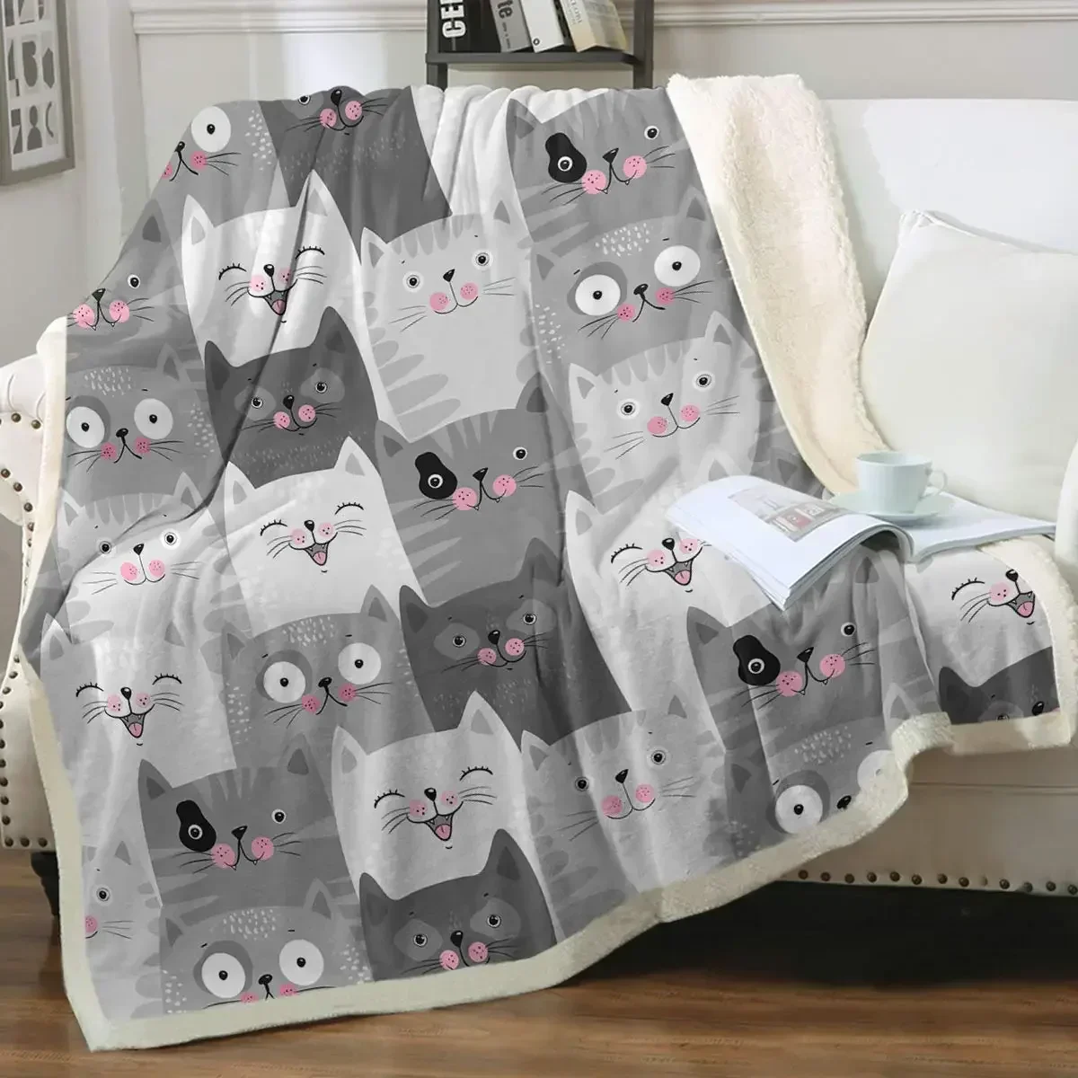 Grey and White Cats Blanket Plush Sherpa Flannel Throw Blankets for Couch Sofa Super Soft Bedroom TV Full