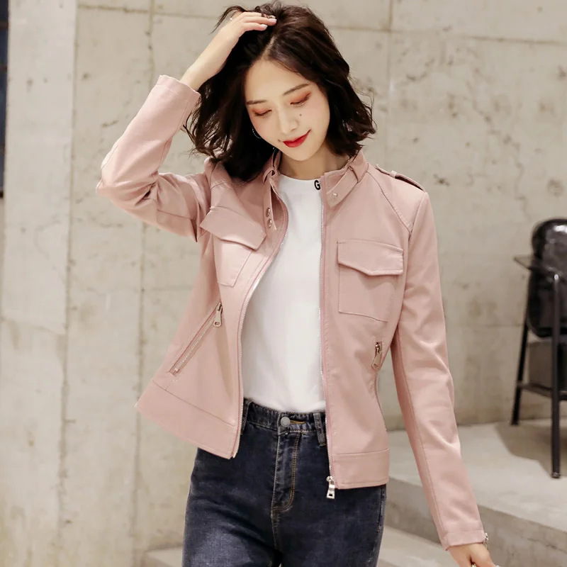 New Women Chic Pink Leather Jacket Spring Autumn Fashion Stand Collar Slim Short Sheepskin Jacket Split Leather Biker Outerwear