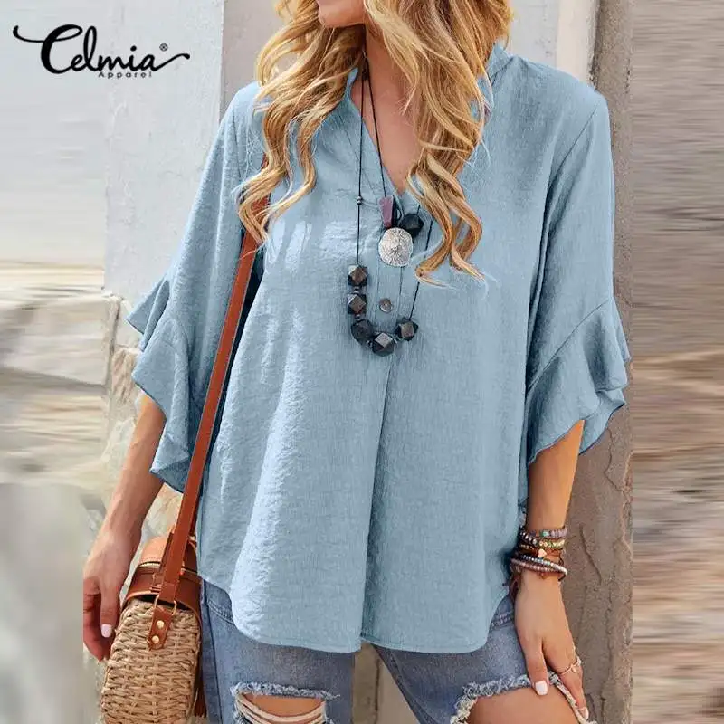 

Celmia Vintage V Neck Asymmetrical Hem Blouses Women 2022 Summer 3/4 Flare Sleeve Ruffled Shirts Casual Loose Ladies Tunic Tops