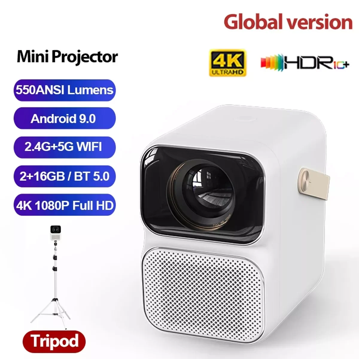 

Мини-проектор T6 MAX, 4K, 1080P, Android 9,0, 550ANSI лм, 2 + 16 ГГц