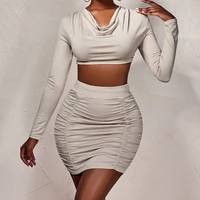 swinging collar top skirt two piece short set for women long sleeve slim pleated skirts nightclub sexy cocktail party hip skirt