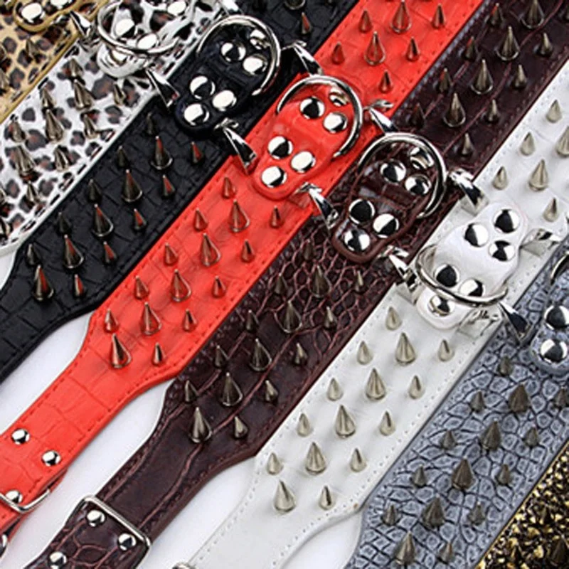 

Adjustable Leather Pet Dog Collar Neck Strap Supplies PU Leather Punk Stud Spiked Crocodile Leather Dog Collar French Bulldog