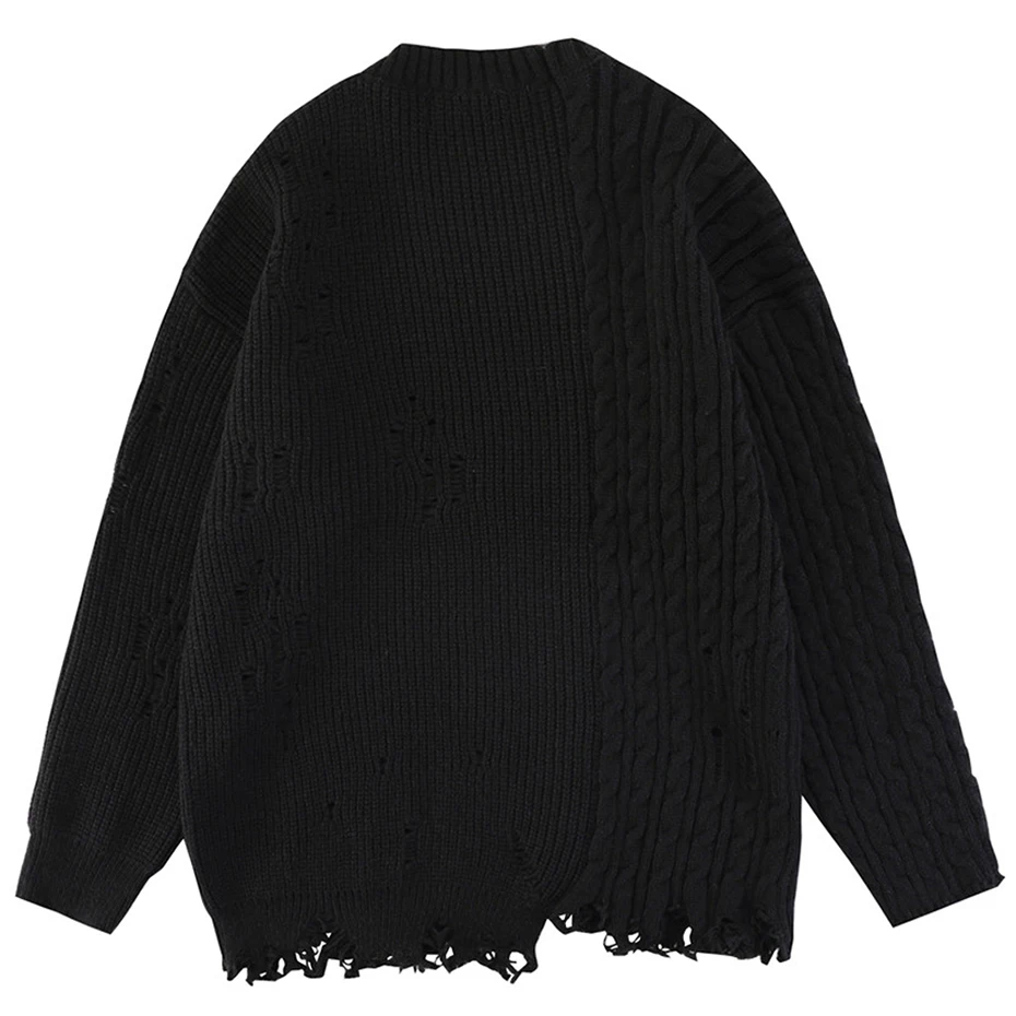 Свитер оверсайз в стиле хип-хоп черный бежевый свободный вязаный джемпер уличная