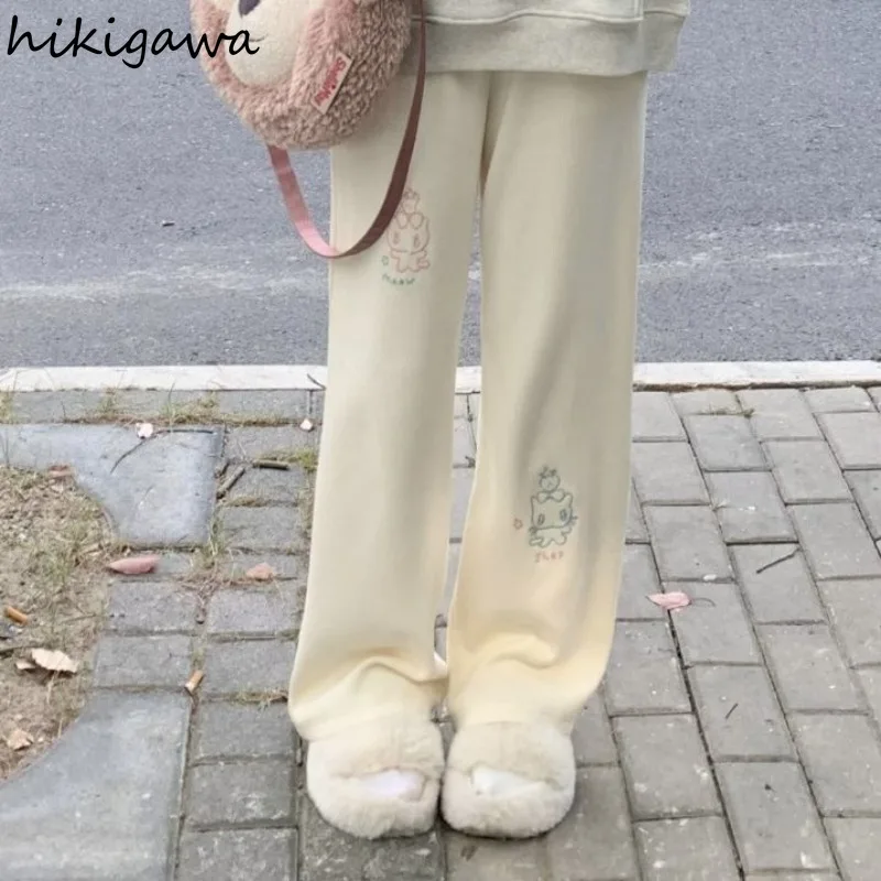 Женские широкие брюки с вышивкой кошки винтажные толстые вельветовые высокой