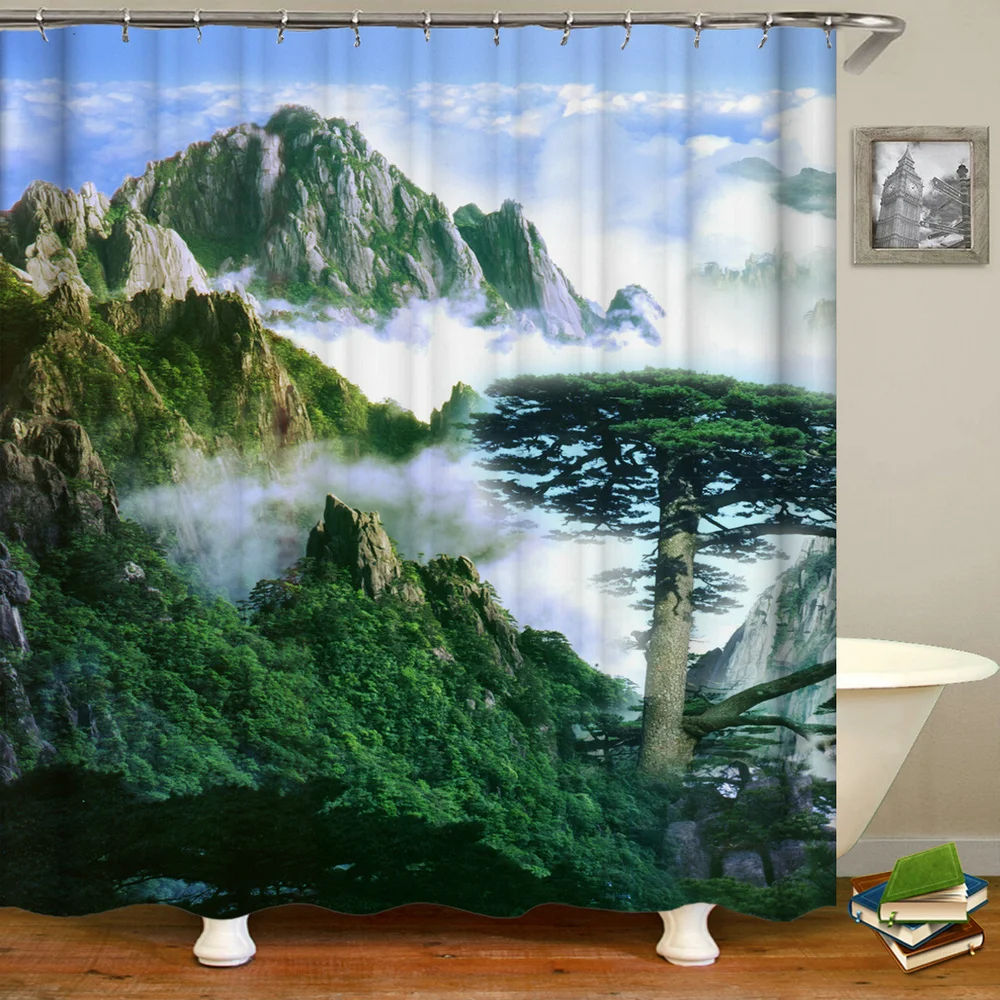 

Занавеска для душа с изображением природного ландшафта, s Водонепроницаемая Штора для ванной с крючками, с 3d принтом, украшение для ванной