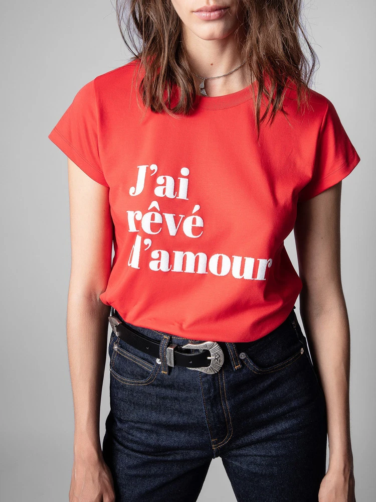 

2022 Spring/Summer New Arrival Woman Curved Hem Slogan-print Crew Neck Short Sleeve T-Shirt
