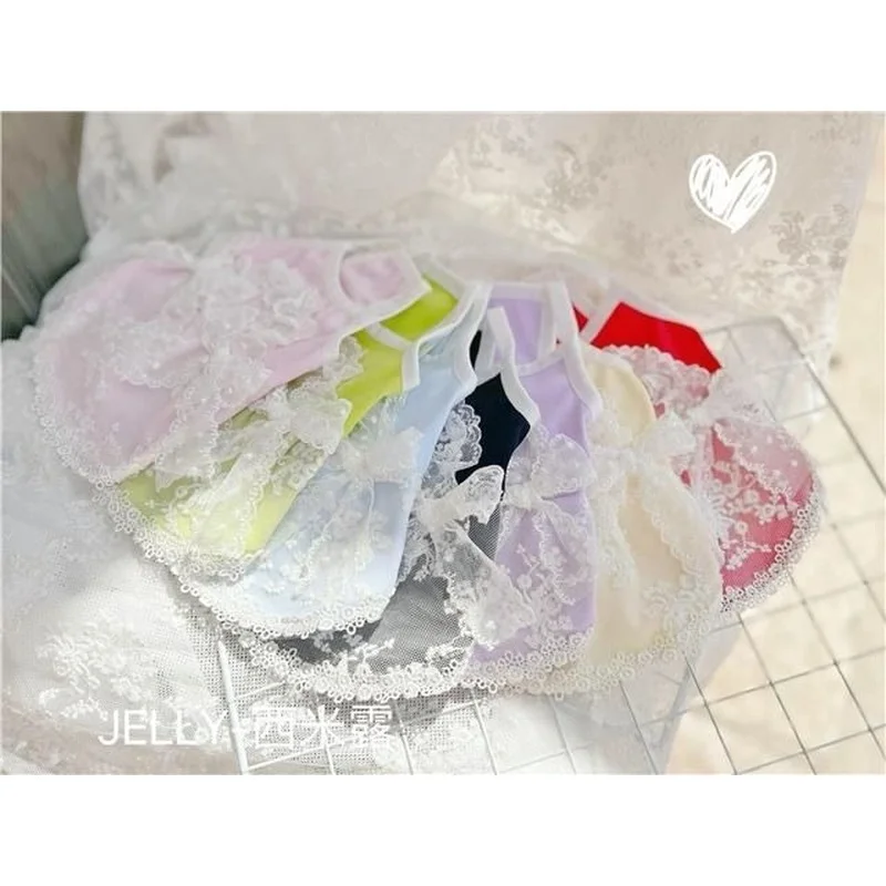 

Одежда для собак, однотонное Радужное платье на бретельках для собак, кружевная одежда с бантом, маленькая милая тонкая весенне-летняя зеле...