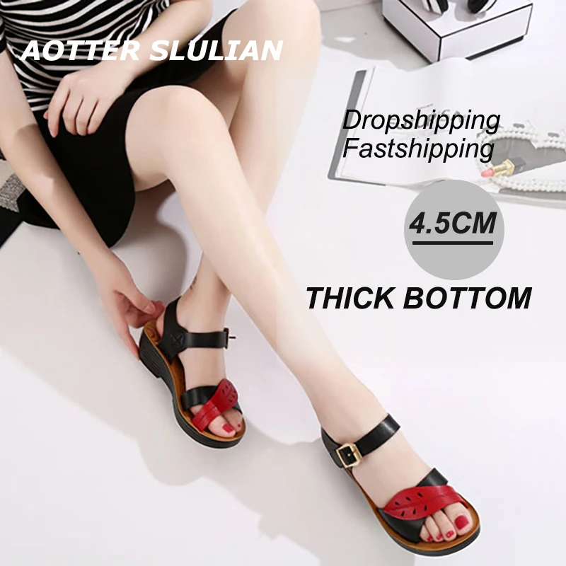 

Women's Middle Heel Sandals Hollow Out Breathable Beach Sandalias Literary Leaves Shape Footwear Ladies Mujer Soft Wedges Shoes