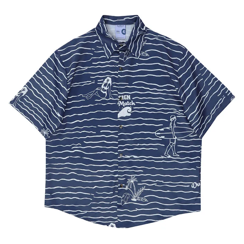 

2022 Hip Hip Oversized Printed Casual Shirt Short Sleeves Harakuju Vintage Button Up Blouse Striped