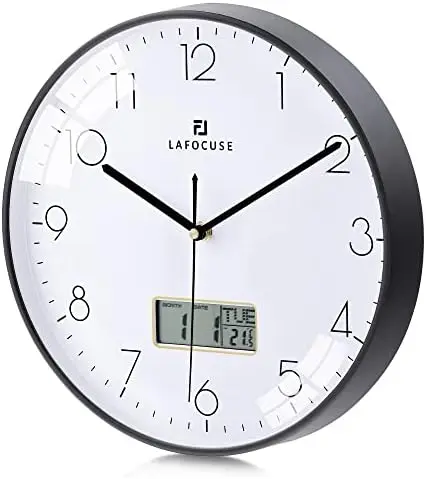 

Reloj de Pared Calendario con Fecha y Termometro LCD, Silencioso Reloj Negro Moderno, Fácil de Leer sin Tictac para Cocina Ofic