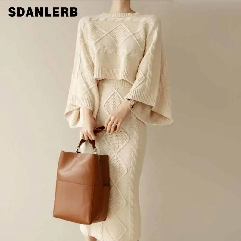 

Вязаный пуловер с рукавом «летучая мышь», однотонный вязаный свитер, костюм с юбкой средней длины, женская мода, Осень-зима 2021, новый комплек...