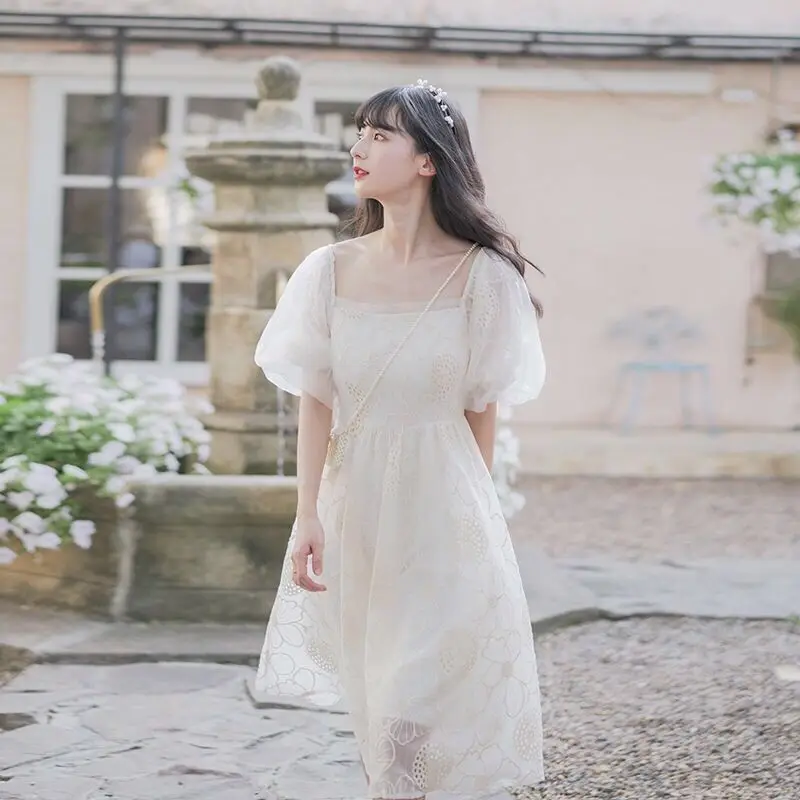 

QWEEK Vintage Mesh Floral Dress Women Sweet Fairy Elegant Kawaii Cute Dresses Square Collar Mori Girl Robes Woman 2022 Summer