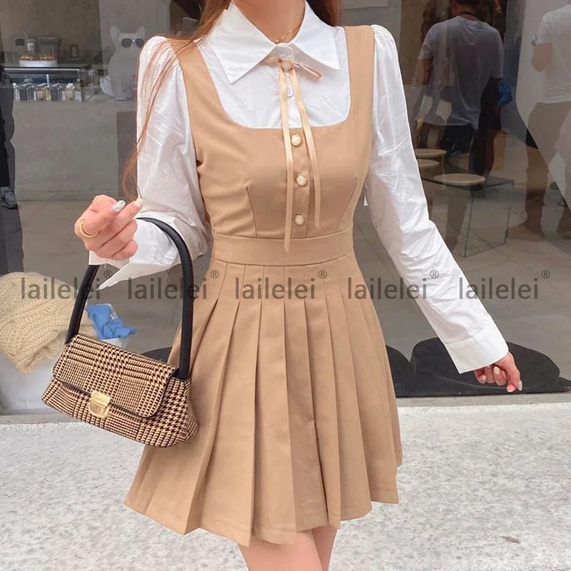 

Fashion Patchwork Waist Pleated Mini Dress Shirt Puff Sleeve Long Sleeve Version Y2k Cute 2023 Spring and Autumn Vintage Dress
