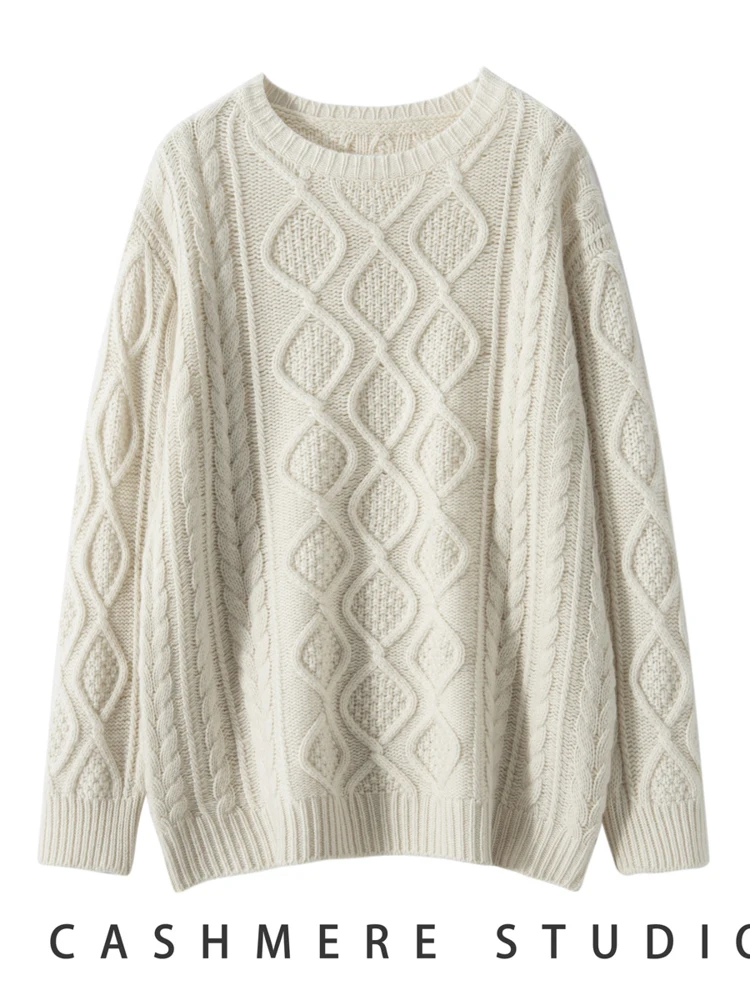 Женский кашемировый свитер толстый вязаный с круглым вырезом и длинным рукавом