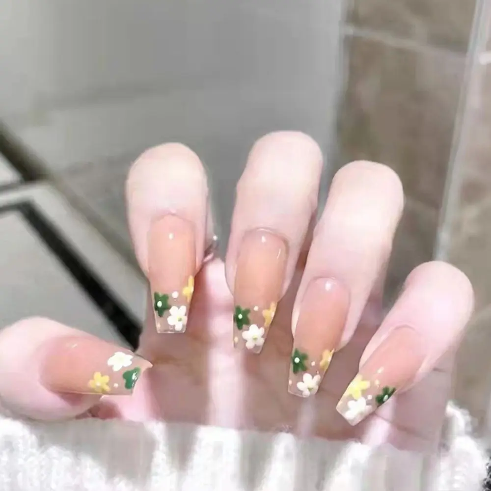 

24Pcs Fresh Floral Printed Fake Nails Spring and Summer Pastoral Series Nail Art French False Nails Wearable Ballerina Nails