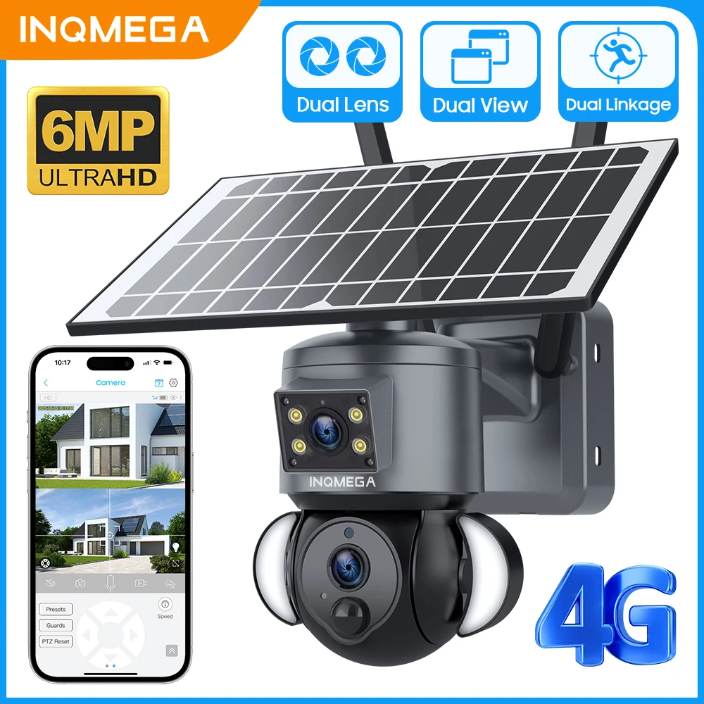 INQMEGA 6MP 4G Dual Screen Solar Camera With Solar Panel Recharge Battery CCTV Video Surveillance Cameras 4G Solar Camera