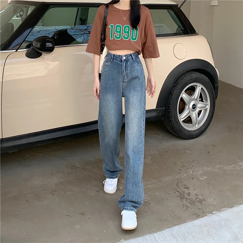 

DD1836 High waist jeans women's new straight loose all-match design retro raw edge wide leg pants jeans