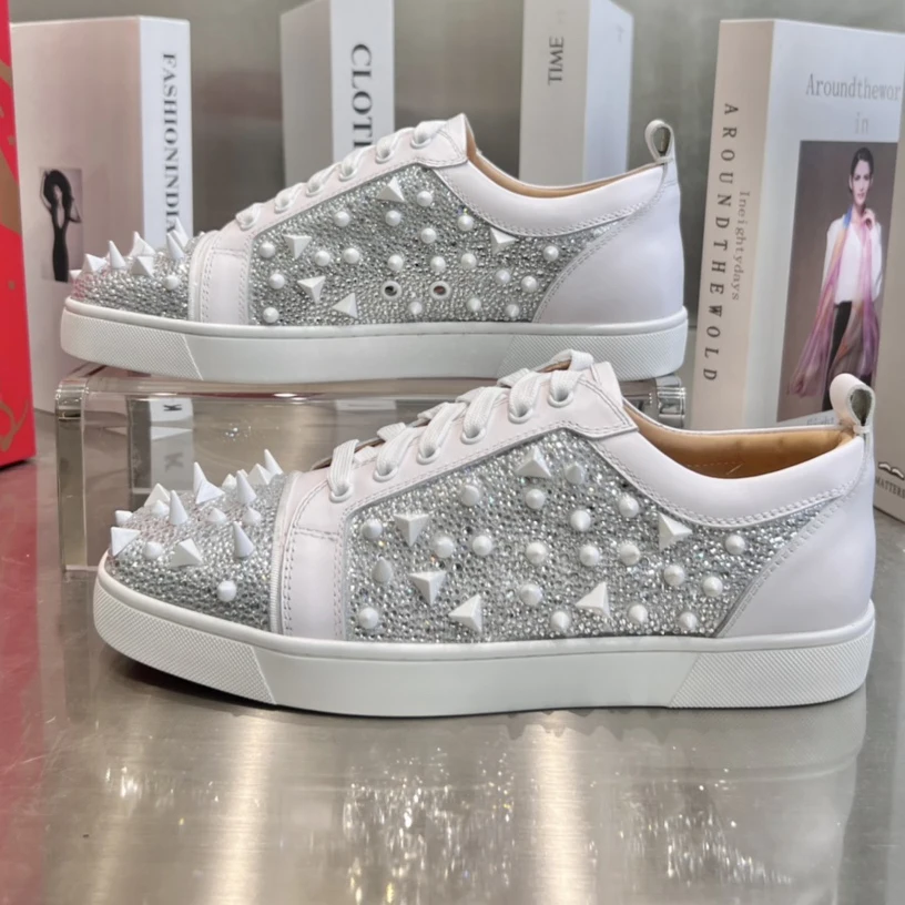 

Top Quality Red Sole Womens Trendy Casual Shoes 35-48 Luxury Mens Real Leather Sneakers Designr Couple Rock Tide Shoes HJ0479