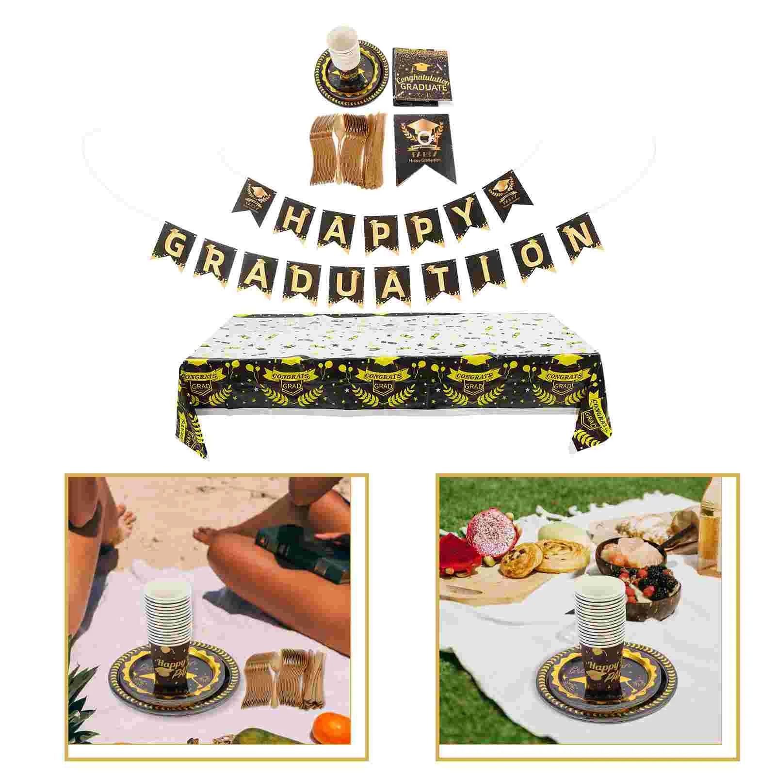 

Graduation Party Supplies Dinnerware Set Paper Napkins Cups Forks Spoons Tablecloth Graduate Tableware 1 Set