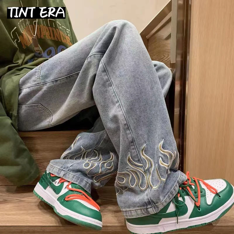 TINT ERA Flame Embroidery Men's Jeans Neutral Wide Leg Denim Trousers Loose Straight Jeans Youth Casual Baggy Hip Hop Pants 2023