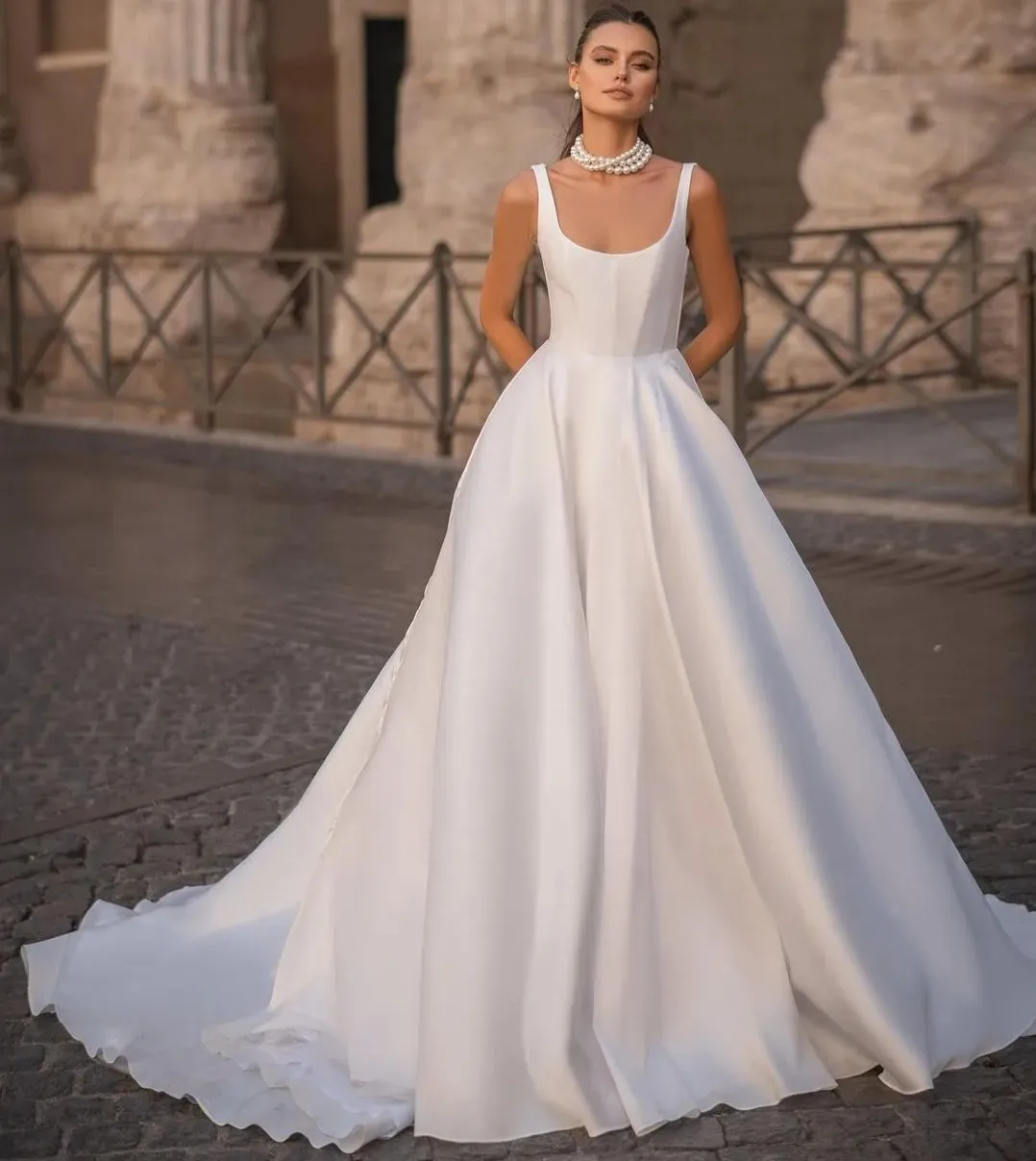 

2203 A Line Wedding Dresses for Bride Straps Scoop Backless Satin Bridal Gowns New Vestidos De Noiva
