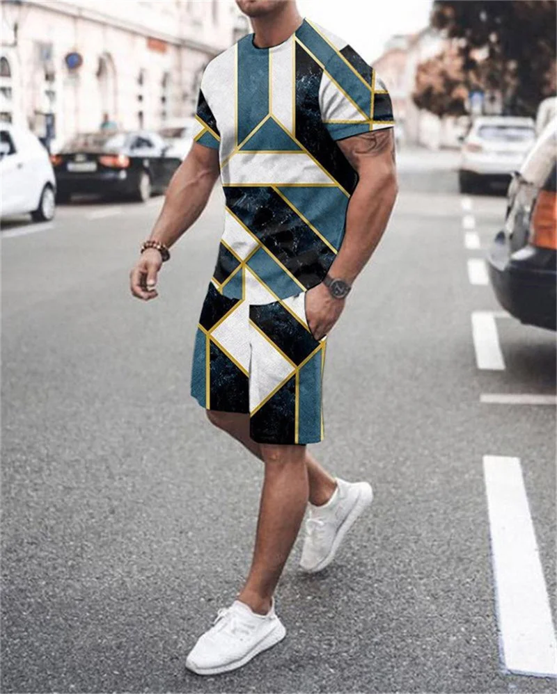 

Fashion Summer T-Shirt Men's 2022 3D Men's T-Shirt Breathable Street Style Patchwork Printed T-Shirt Set