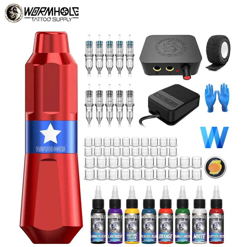 Wormhole Tattoo Machine Kit Tattoo Pen Complete Beginner Tattoo Kit Tattoo Machine Cartridge with Tattoo Power Tattoo Ink