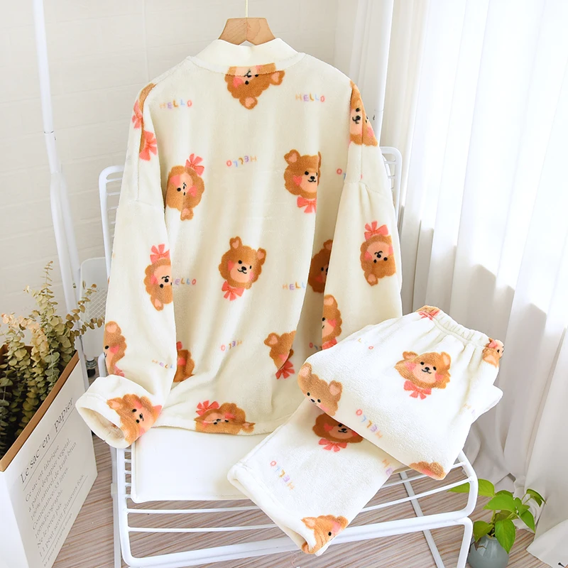 Autumn Winter Home Suit Flannel Plus Velvet Pajamas New Thickened Coral Fleece Homewear Thermal Warm V-neck Women Sleepwear Set