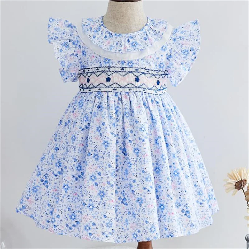 

Sky blue girl's floral dress children's flying sleeve princess dress summer new style children's