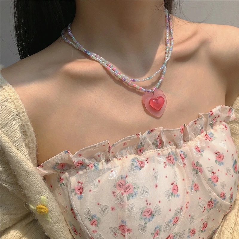 

Goth Harajuku Cute Pink Pearl Peach Heart Pendant Beaded Collares Aesthetic Necklace For Women Egirl Y2K EMO Jewelry Accessory