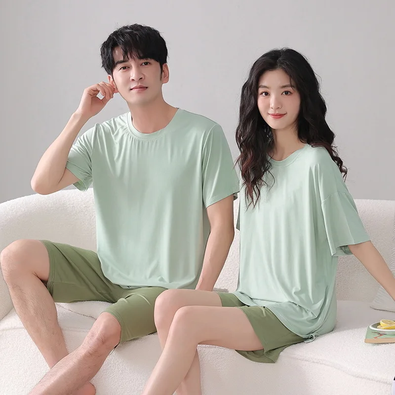 Summer Modal Couple Pajamas Women's Short-sleeved Shorts Stretch Cold Men's Couple Home Service Suit Korean Version of The Trend