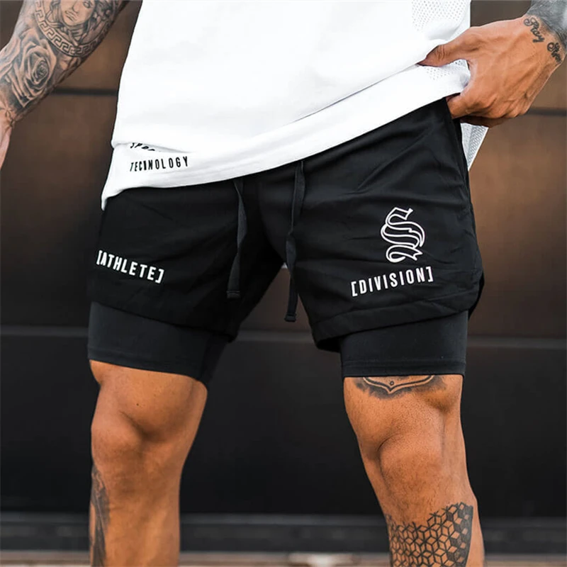 Black White 2 IN 1 Sport Running Mesh Breathable Shorts Men Double-deck Jogging Quick Dry GYM Shorts Fitness Workout Men Shorts