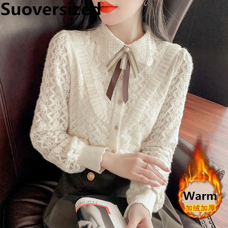 

Winter Plus Velvet Lace T-shirts For Women New Warm Thicken Casual Bottomed Tops Slim Korean Elegant Long Sleeve Camisetas