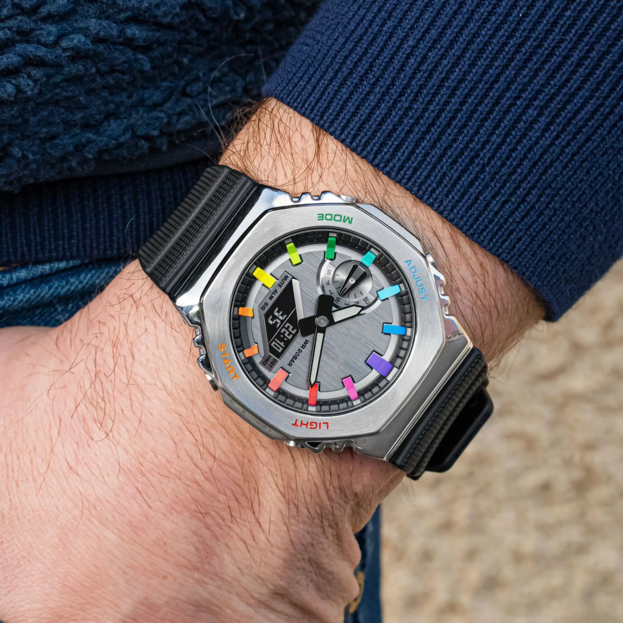 

Sports Digital Quartz Men's 2100 Watch Original Shock Watch Full Feature LED World Time Rainbow Silver GM Oak Series