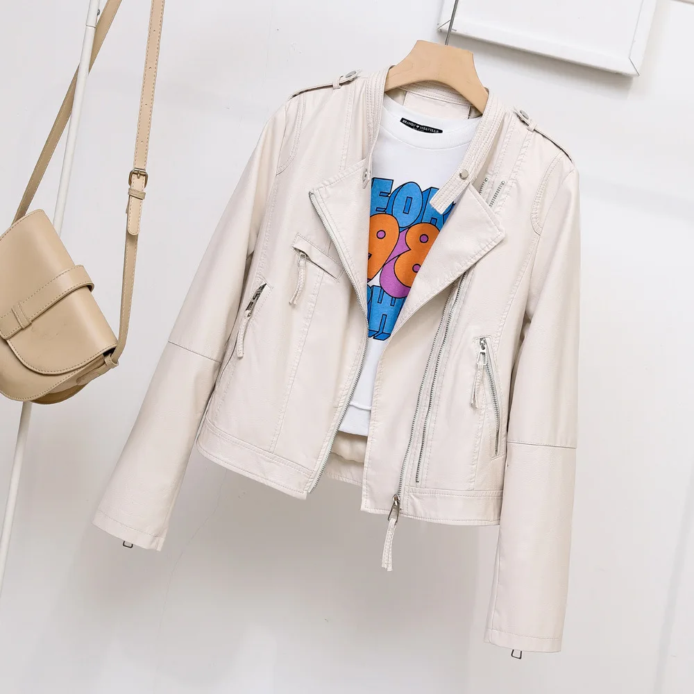 2023 spring clothes new stand-up collar PU women's motorcycle leather jacket epaulette zipper leather jacket Haining short coat