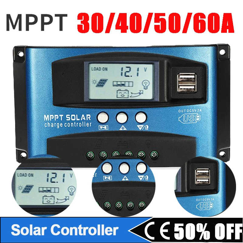 

MPPT Solar Charge Controller 12V/24V Automatic Identification Dual USB Solar Controller Smart LCD Screen Dual USB Output