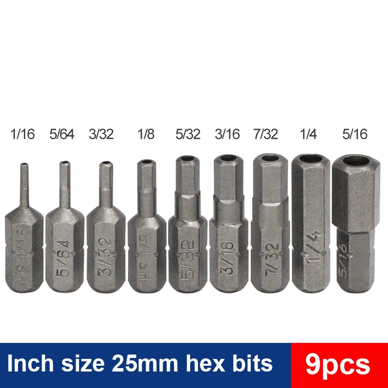Размер дюйма 25 мм 1/4 дюйма Шестигранный хвостовик Шестигранная отвертка 1/16 5/64 3/32 1/8 9/64 5/32 3/16 7/32 1/4 5/16 Набор инструментов с отверстием/без отверстия
