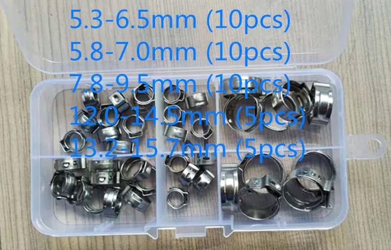 

Free shipping Pipe Clamp High Quality 40 PCS Stainless Steel 304 Single Ear Hose Clamps Assortment Kit Single with box