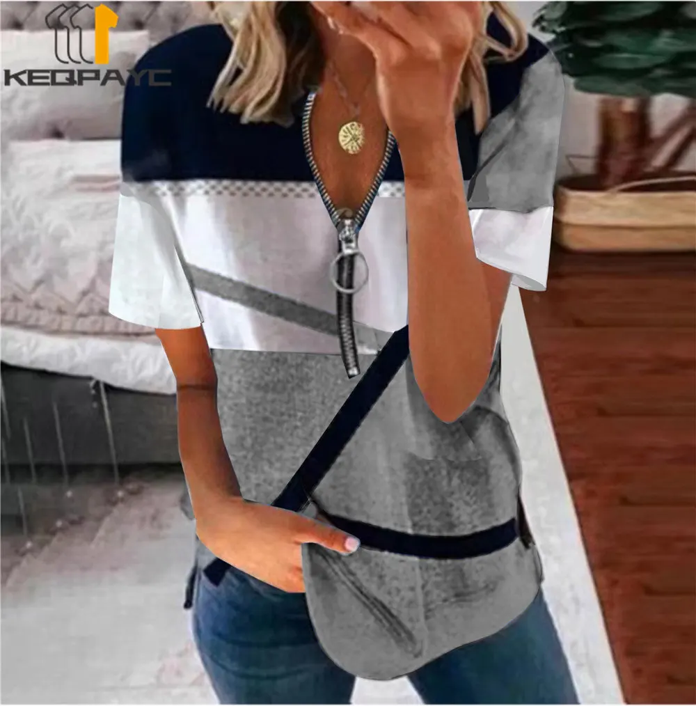 

Summer Women's T-shirts New 2023 Women Fashion Zipper V-neck Plaid Print Loose Short Sleeve T-Shirt Ladies Casual Tops Tees