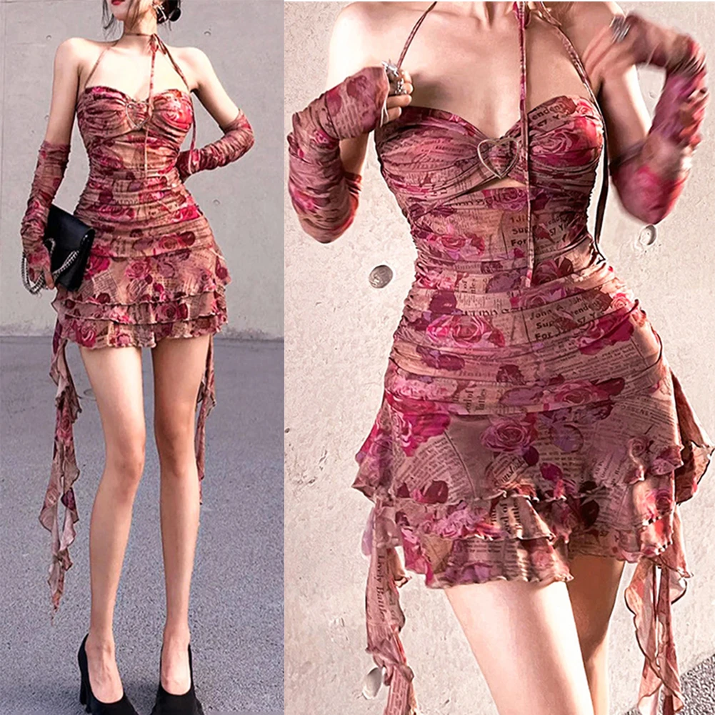 

Y2K Floral Printed Mesh Sexy Halter Dresses Women 2023 Backless Bodycon Ruched Newspaper Print Mini New In Sweetheart Dresses