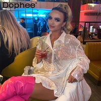 fashion sequined shirt women silver shiny loose long sleeve blouse 2022 blusas tops nightclub evening party camisas para mujer
